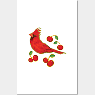 Very Red Bird with cherries - Illustration pattern Posters and Art
